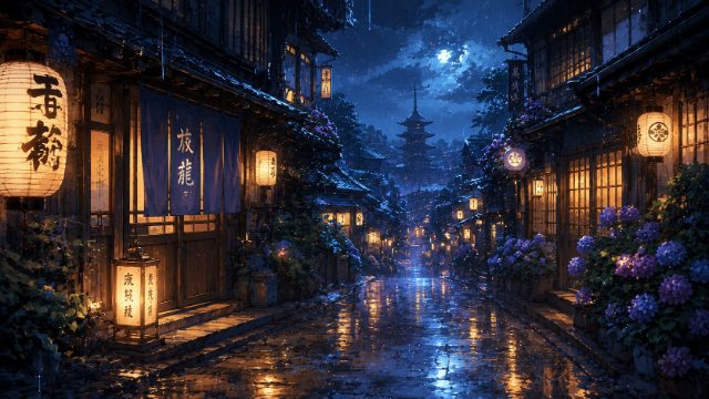 Moonlit Pagoda Street — ChatGPT, Claude & Gemini theme preview